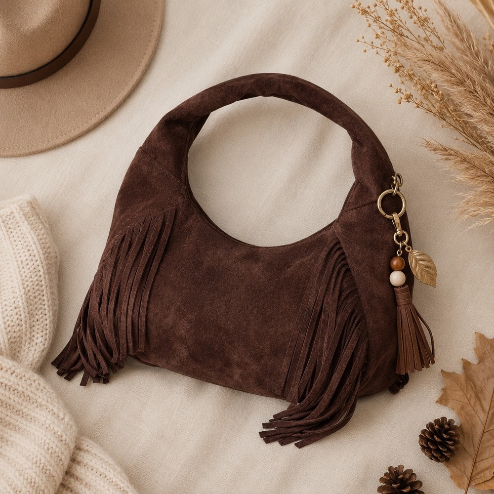 Universal Thread Brown Faux Suede Fringe Crescent Handbag Boho Hobo Bag NWT - Picture 2 of 5